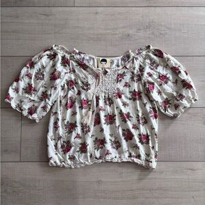Girl Revolution Floral Peasant Top with Pink Rose Print Cottagecore Boho Size L